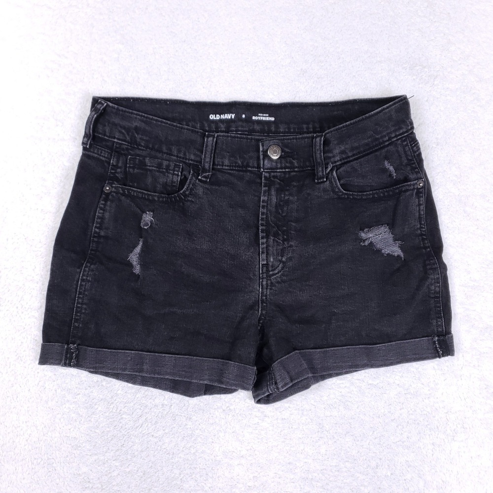 Old Navy Mid-Rise Boyfriend Black Distressed Denim Shorts Sugar Skull Patch 8